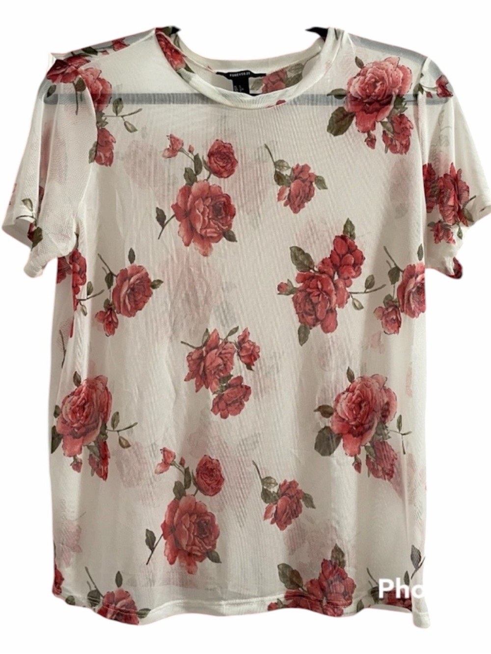 Size L Forever 21 White Mesh Short Sleeve Top with Red Rose Print